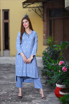 Picture of EMBROIDRED STRIPED  LINEN CO-ORD SET TROUSER & SHIRT